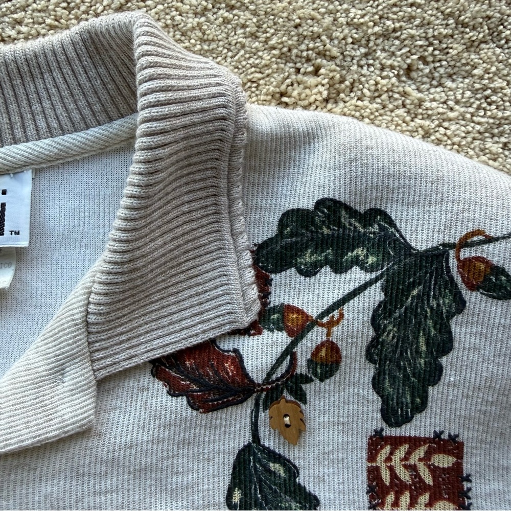 Vintage Teddi Cottagecore Sweater Nature Print Collared 90s Shoulder Pads L - Picture 3 of 12